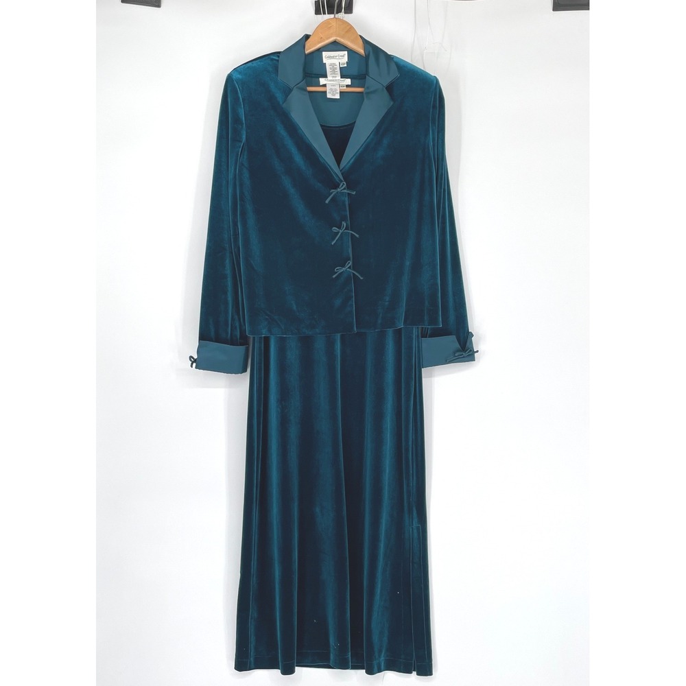 Coldwater Creek Womens Dress 10P 2 Piece Set Teal‎ Velvet Bow Jacket Maxi